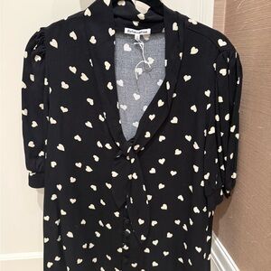 Reformation Black Blouse with Cream Heart Pattern size small so cute!
